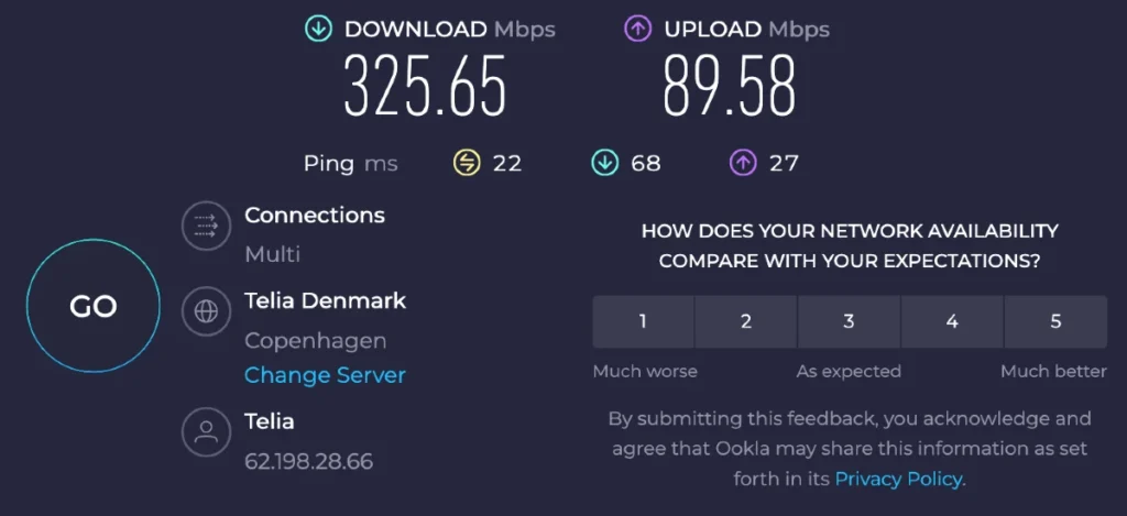 Speedtest hastighedstest resultat