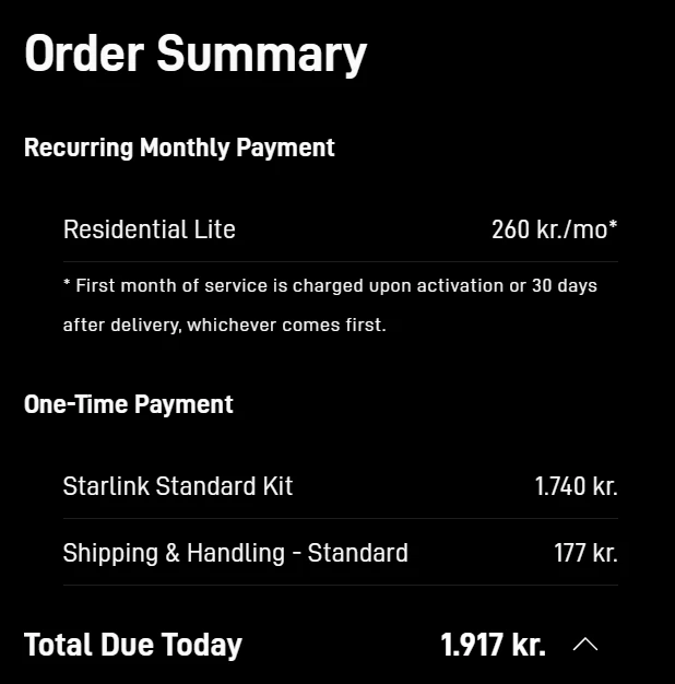 Starlink Residential Lite priser i Danmark juli 2025
