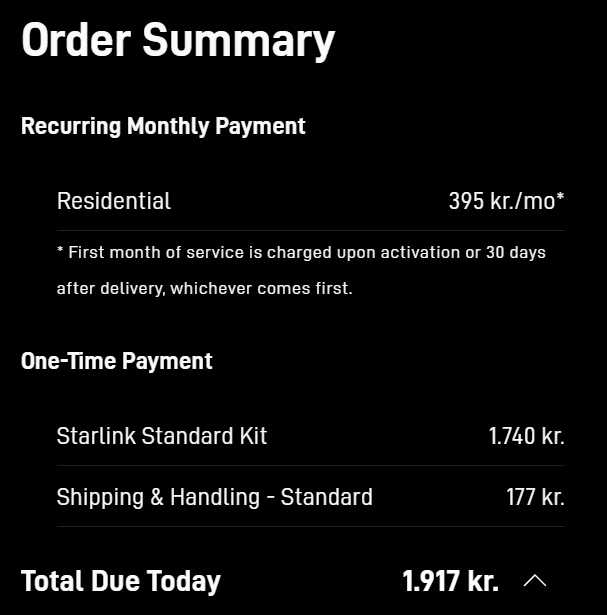 Starlink Residential priser i Danmark juli 2025