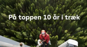 Mand kravler i mobilmast med skoven under sig